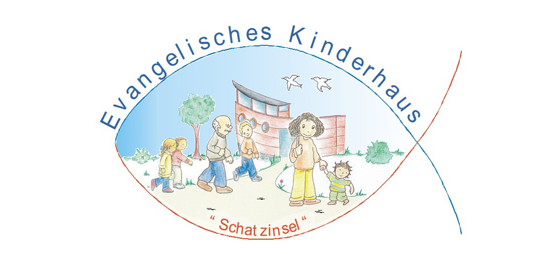 ein gemaltes Logo auf dem spielende Kinder zu sehen sind und Text Evangelisches Kinderhaus Pulsnitz