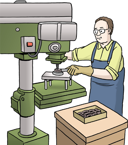 Zeichnung: ein Mann steht an einer Maschine und bohrt