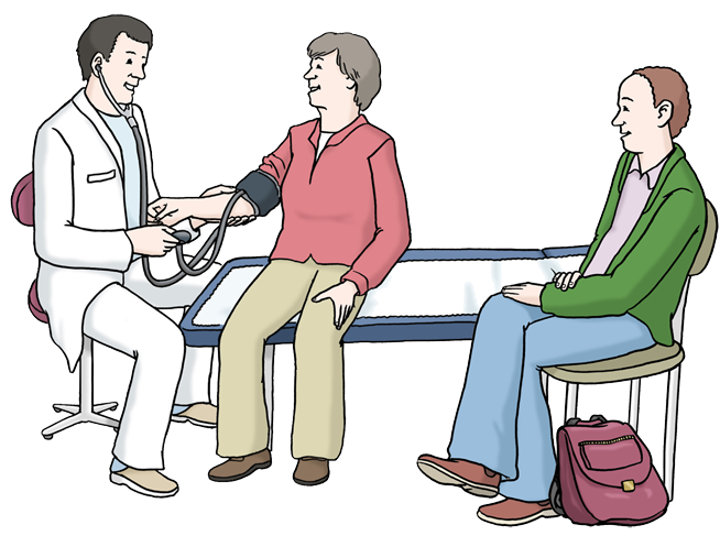 Zeichnung: ein Arzt untersucht eine Person, daneben sitzt ein Betreuer